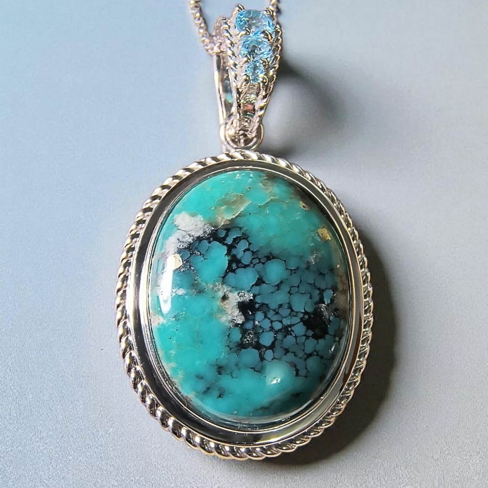 Large Campo Frio Turquoise & Blue Topaz Enhancer Necklace In Sterling Silver - Picture 2 of 11